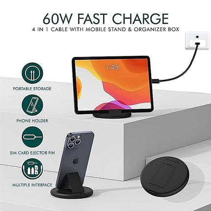 6 in 1 Storage USB Cable box (Sim Slot, SD card slot,  Sim injector, 5 Type USB, 60W Cable, Mobile holder )