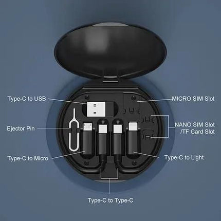 6 in 1 Storage USB Cable box (Sim Slot, SD card slot,  Sim injector, 5 Type USB, 60W Cable, Mobile holder )